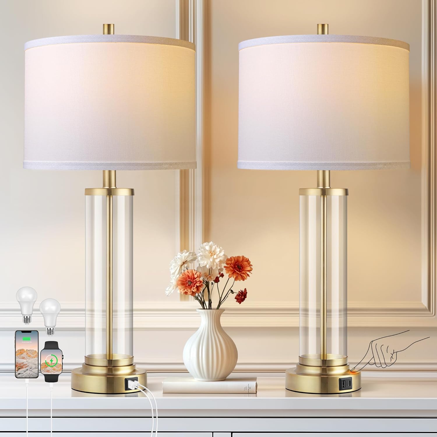 Lámparas de Mesa QiMH Set de 2, Control Táctil, USB A+C, Dimmable