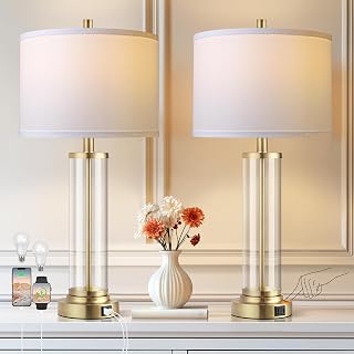 Qimh Set of 2 Touch Control Bedside Lamps with USB A+C Ports, 3-Way Dimmable Table Lamps, Fabric Shade & LED Bulbs Included for Bedroom Nightstand