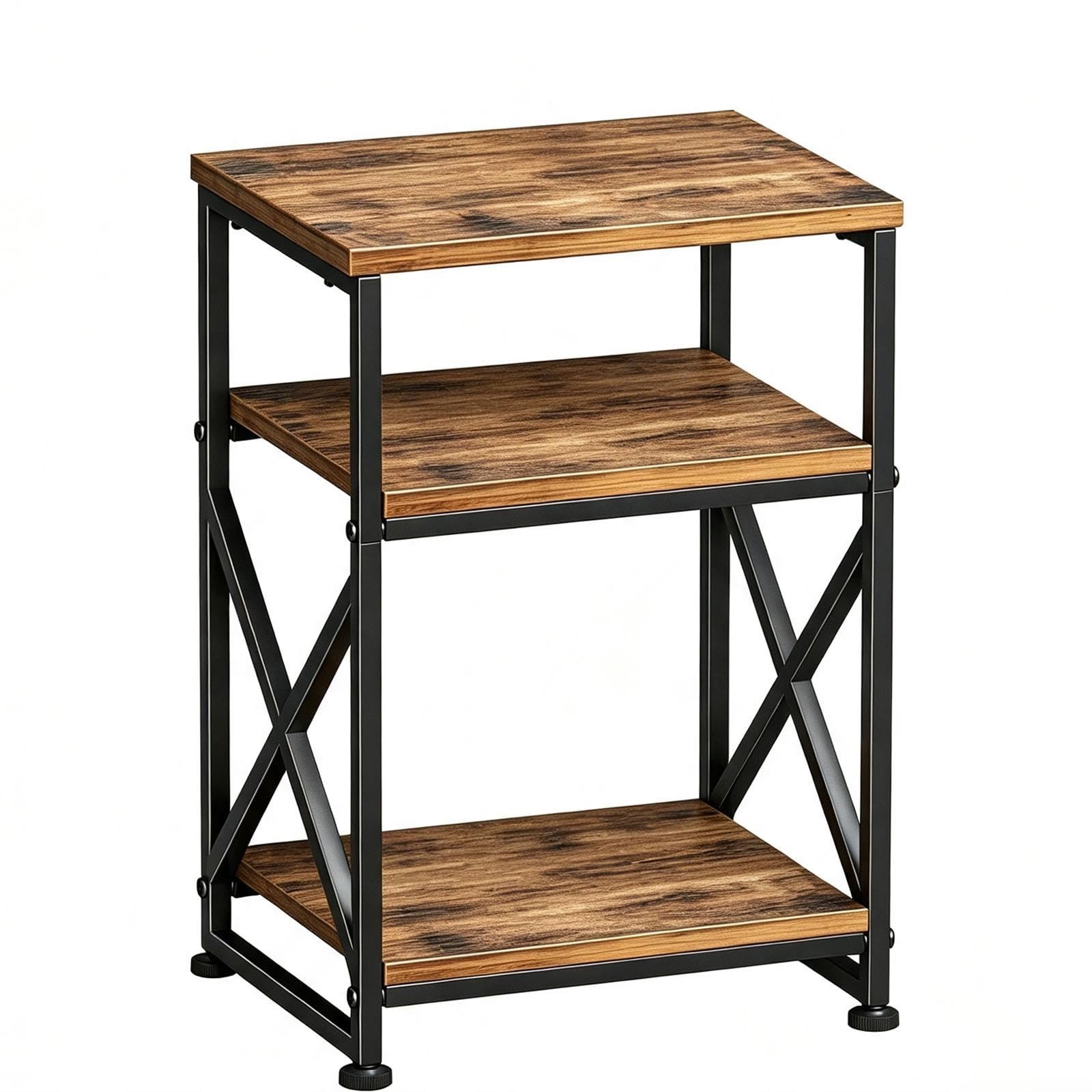 Tavolino Laterale, Scaffale 3 Livelli, Comodino, Marrone Rustico