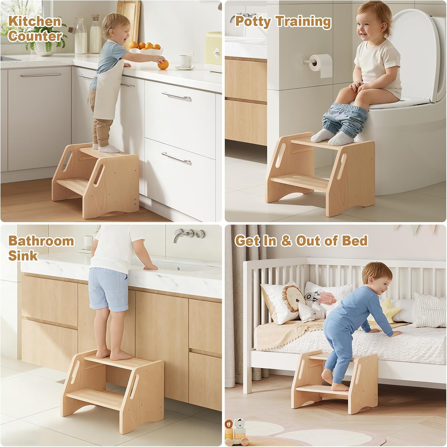 Uaniar Toddler Step Stool, Wooden 2-Step Height Adjustable Stool for Kids, Bathroom Sink Potty Training Stool with Handles & Non-Slip Pads for Kitchen, Bedroom, 300lbs Capacity