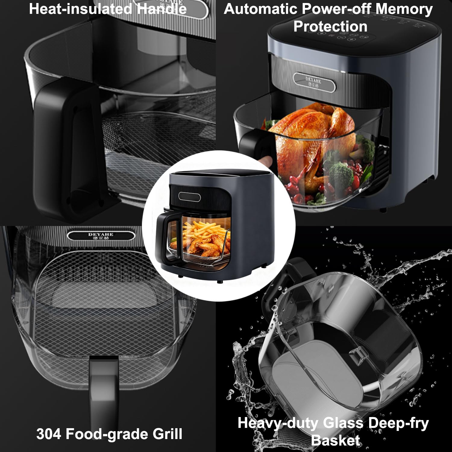 1200W Glass Air Fryer 6L, Transparent Freidora de Aire de Cristal with 7 Pre-Programmed Modes, 120-200℃ Oil-Free Fast Frying Ove
