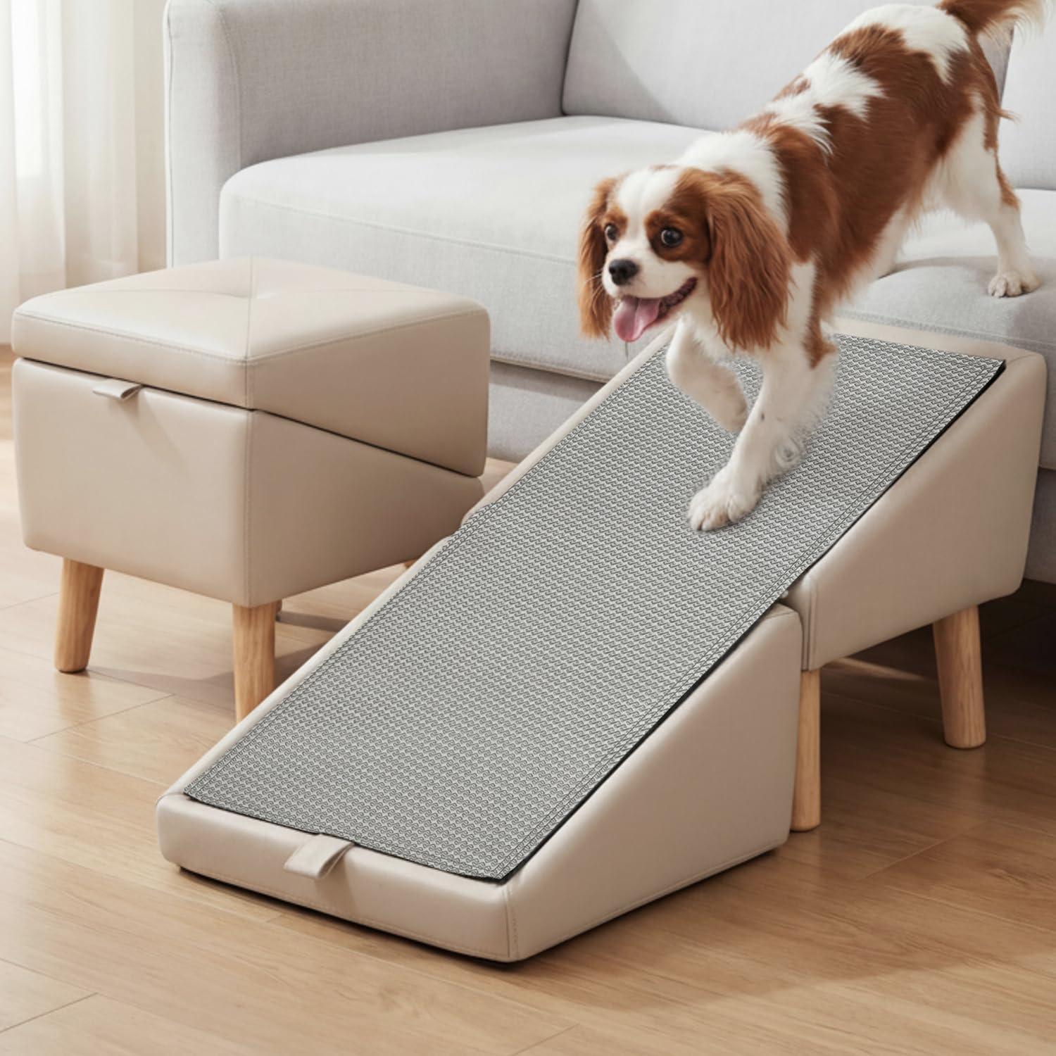 Dog Ramp for Couch, Wooden 15.5" H Dog Stairs for All Dogs and Cats, Hold up to 250lb, Foldable 2-in-1 Split Ottoman Design Portable Doggie Steps (Off-White, 15.5in H)