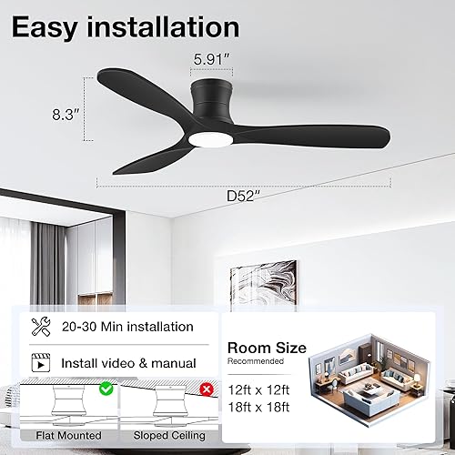 Miniatura 7 de Ventilador de techo inteligente de madera de 52" de bajo perfil con luces y control remoto, motor CC silencioso, ventiladores de techo empotrados