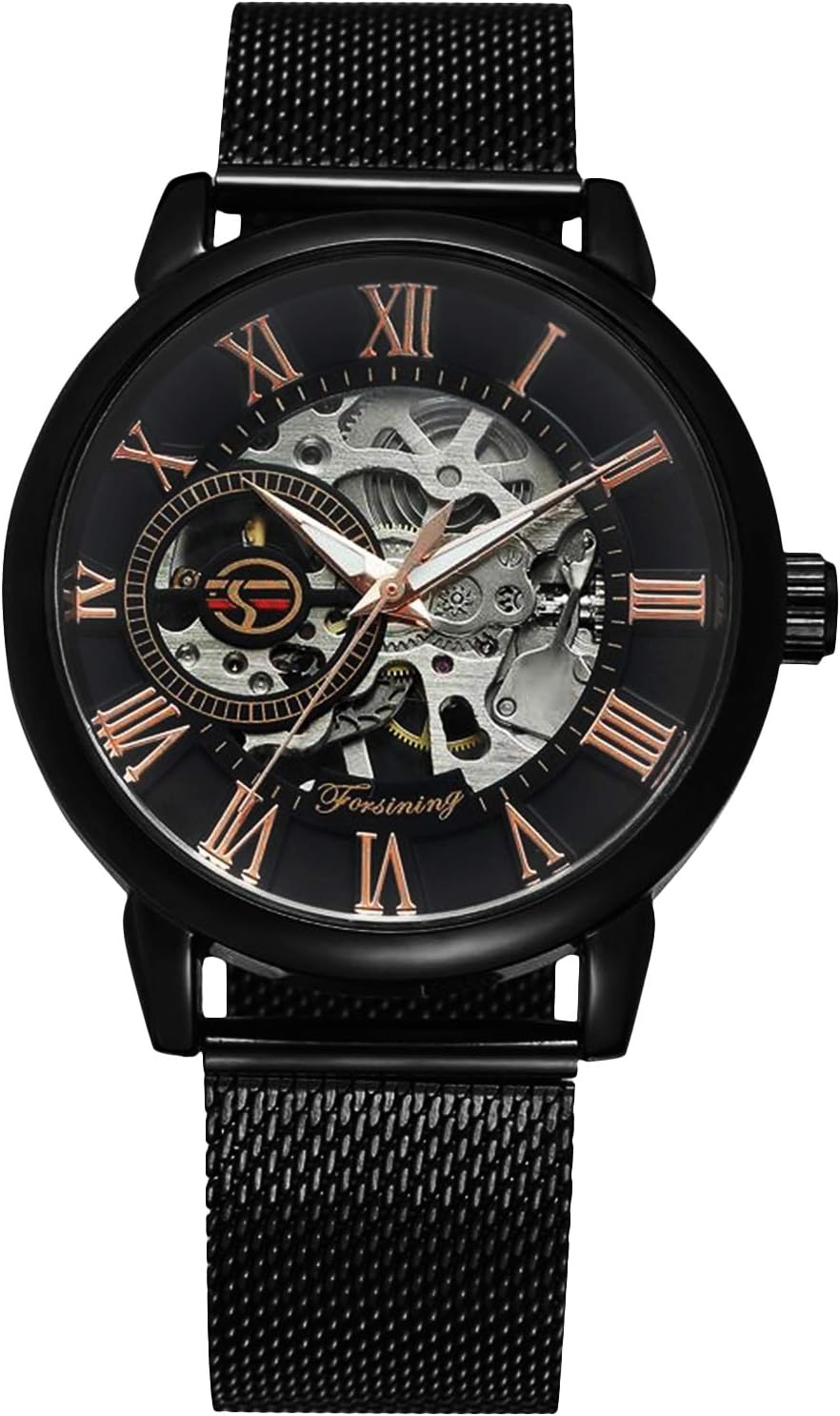 RSVOM Mens Automatic Watches, Mechanical Analogue Watch with Stainless Steel Mesh Band, Black Skeleton Hand Winding Wrist Watch for Men