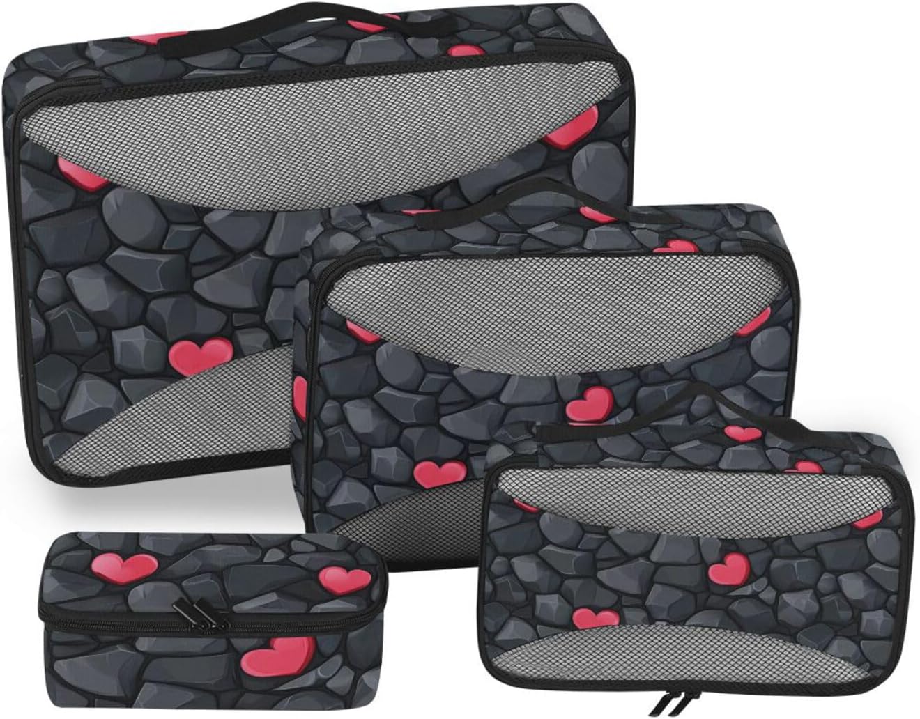 Black Stone Texture Valentine 4 Pcs set organizer for travel Mesh Travel Essentials portable packing cubes compression