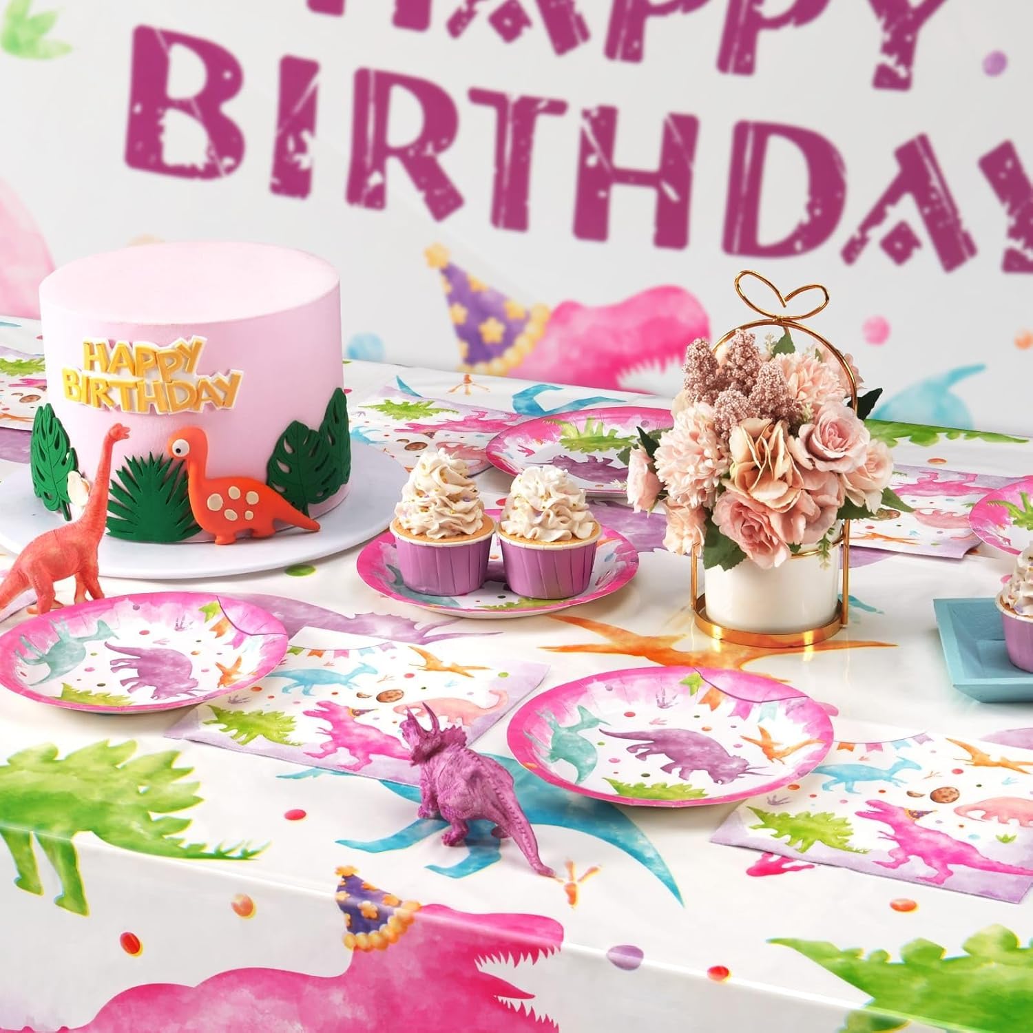 WERNNSAI Girl Dinosaur Party Decorations - 33 PCS Dino Plates Napkins Tablecloth Pink Dinosaur Birthday Decorations Three Rex Table Decorations for Kids Girls Birthday Baby Shower Serves 16 Guests