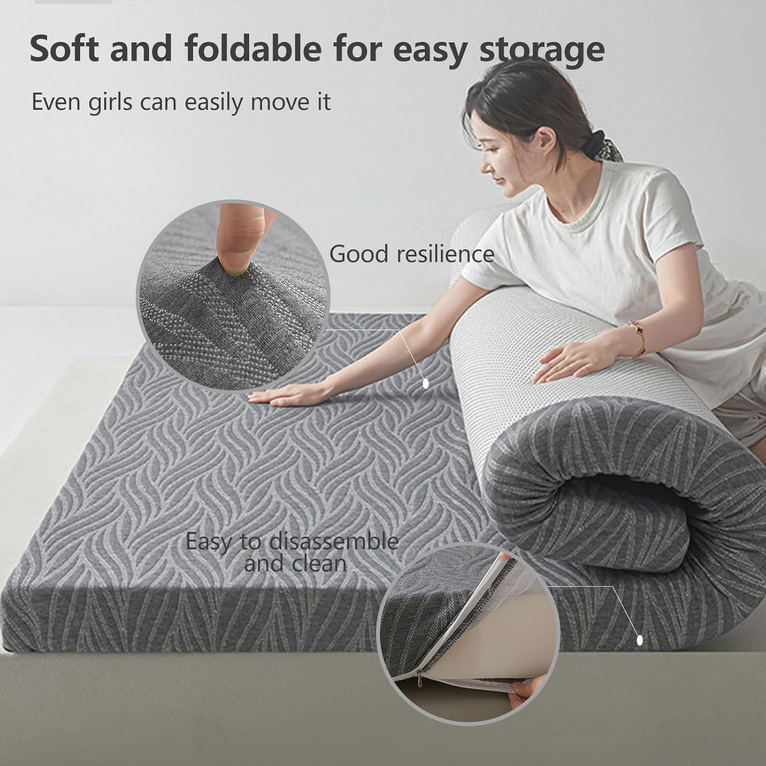 Thick Mattress Topper - Non-Slip Mattress Pad Cover for Back Pain Breathable Folding Sleeping Pad Machine Washable Mattress Protector,Grey,47.2''x78.7''