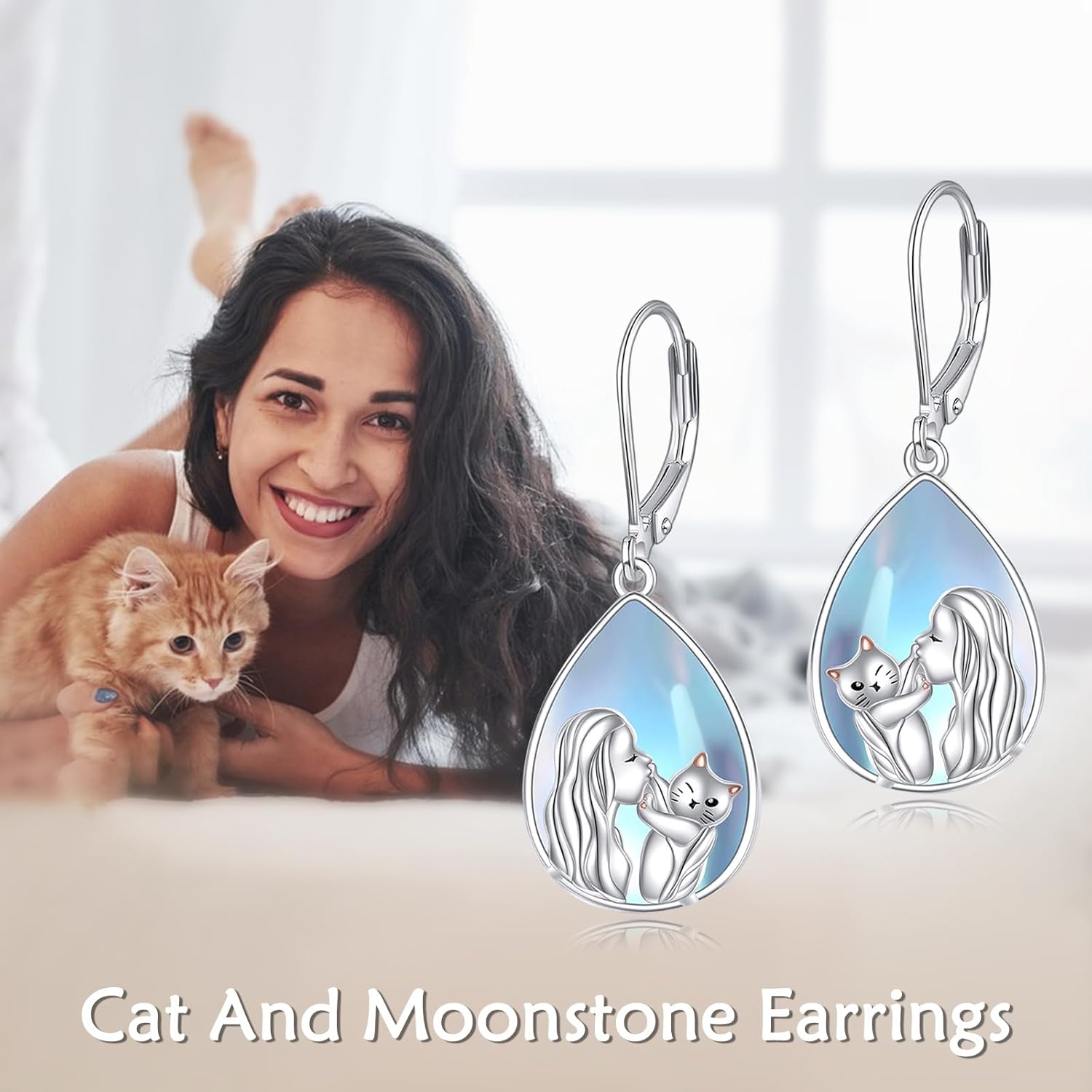 Cat Earrings with Moonstone – 925 Sterling Silver Teardrop Dangle Earrings for Women, Bohemian Jewelry with Cute Cat Design, Hypoallergenic Leverback Earrings - Image 2
