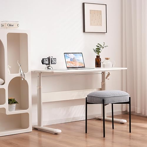 Miniatura 7 de YOUNIKE Cómodo taburete otomano de terciopelo Boucle bohemio pequeño taburete capitonado tapizado para maquillaje con patas de metal, bonito banco