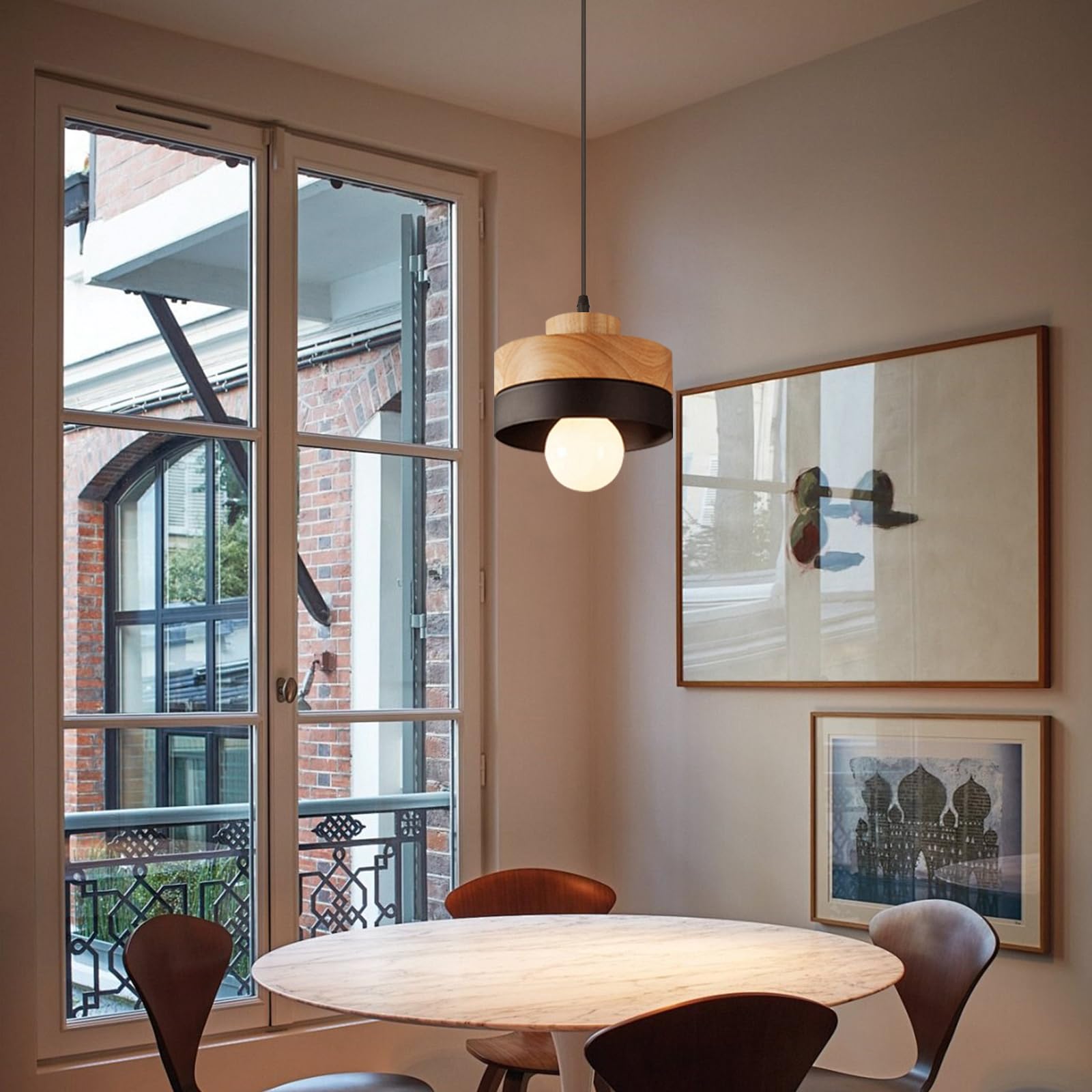 Suspension Luminaire Bois Ronde Rétro Plafonnier Design Vintage E27 Eclairage Intérieur Lumières Lustre Abat-jour Métal Moderne Lampe Suspension Art pour Salon Chambre Cuisine (Noir)