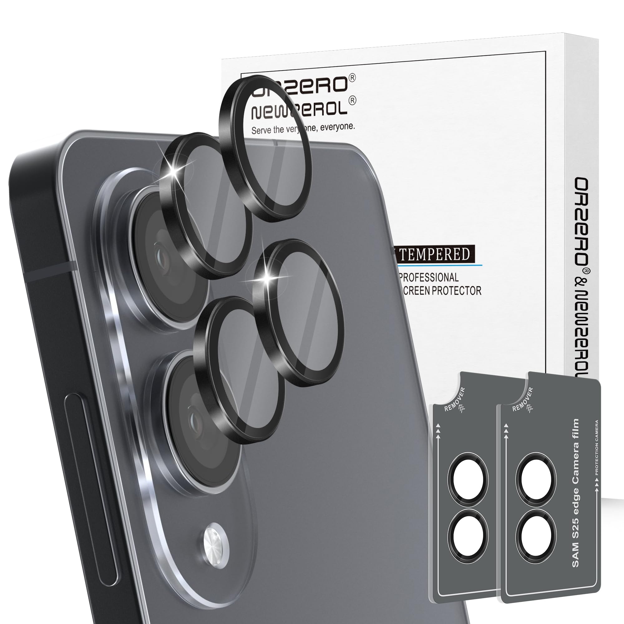 Orzero 9H Glass Camera Lens Protector for Galaxy S25 Edge-Black, 2 Set