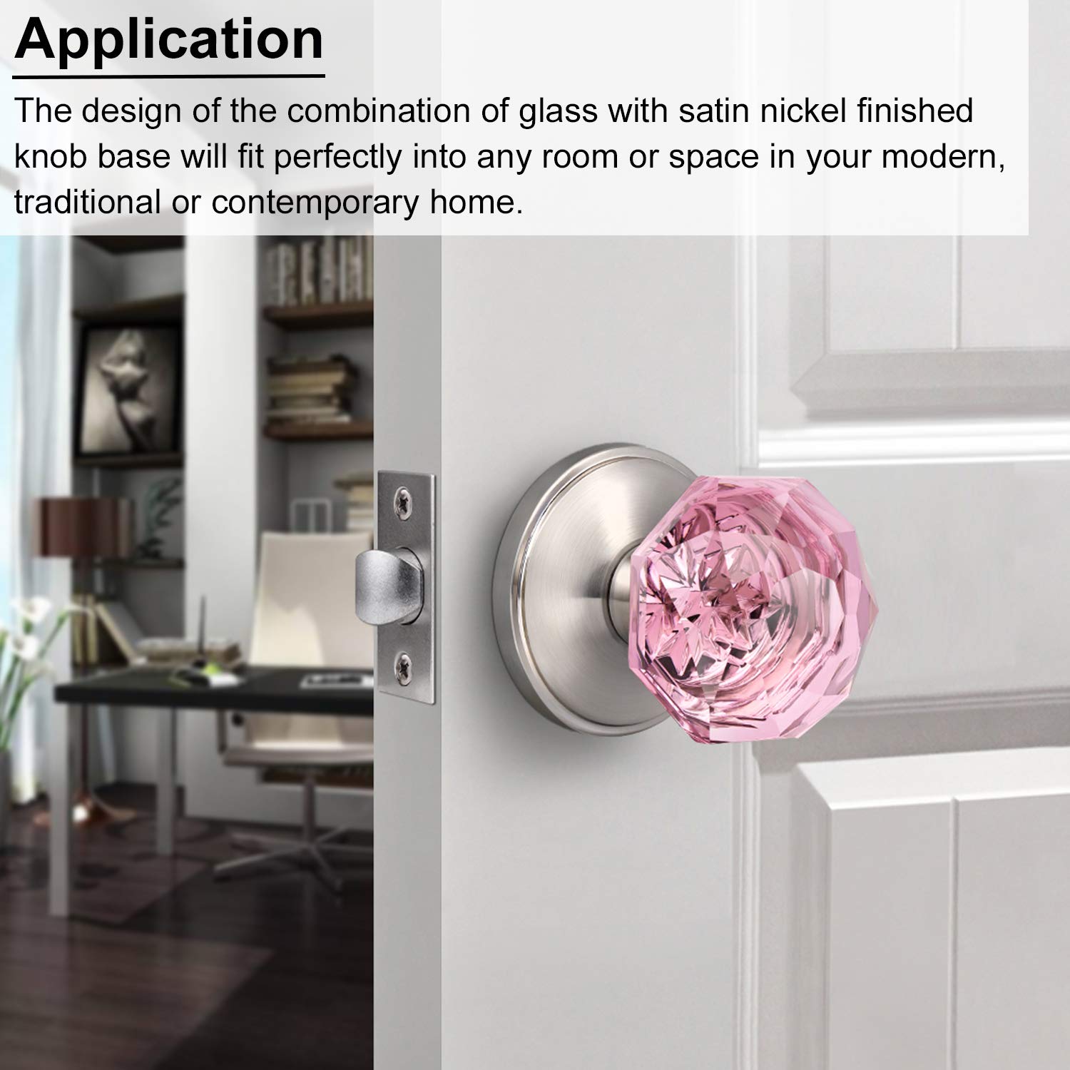 DECORITEN 5 Pack Passage Door Knobs Interior, Pink Glass Keyless Doorknob for Hallway/Closet, Modern Crystal Door Handles with Stain Nickel Round Base