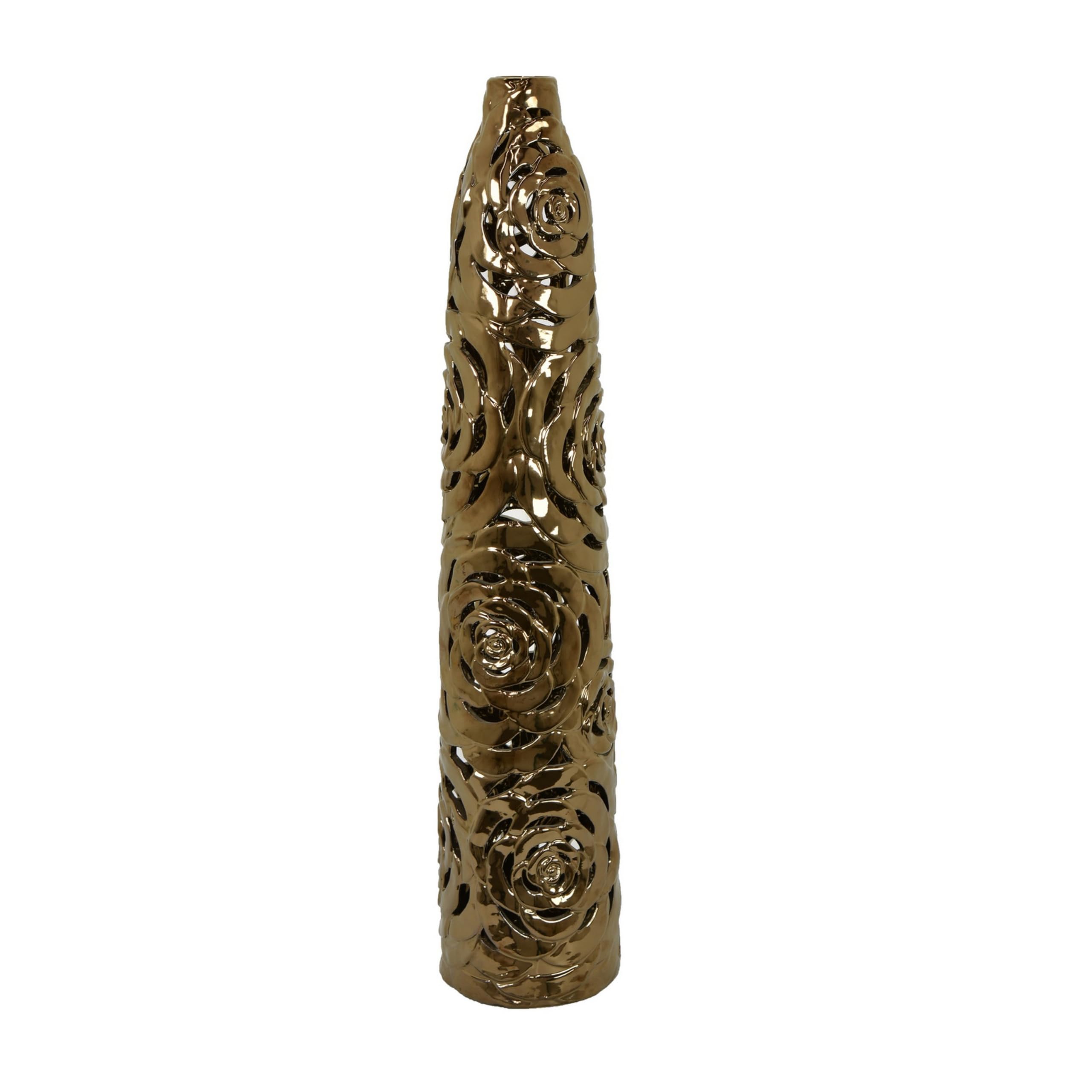 Benjara Reky Tall Vase, Rose Cut Floral Patterns, Slim Profile Bronze Ceramic