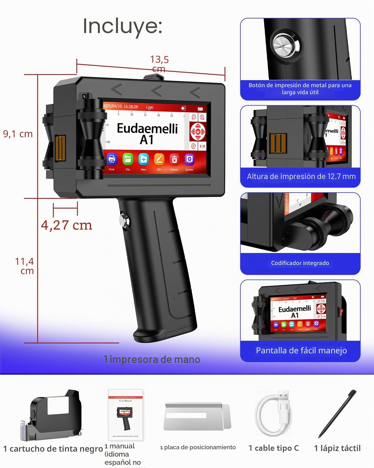 A1 Impresora de Mano Portátil, Impresora Portátil de Inyección con 42ML Cartucho de Tinta de Secado Rápido con Pantalla Táctil de 4,3 Pulgadas para Texto QRCode/Código de barras/Número/Image