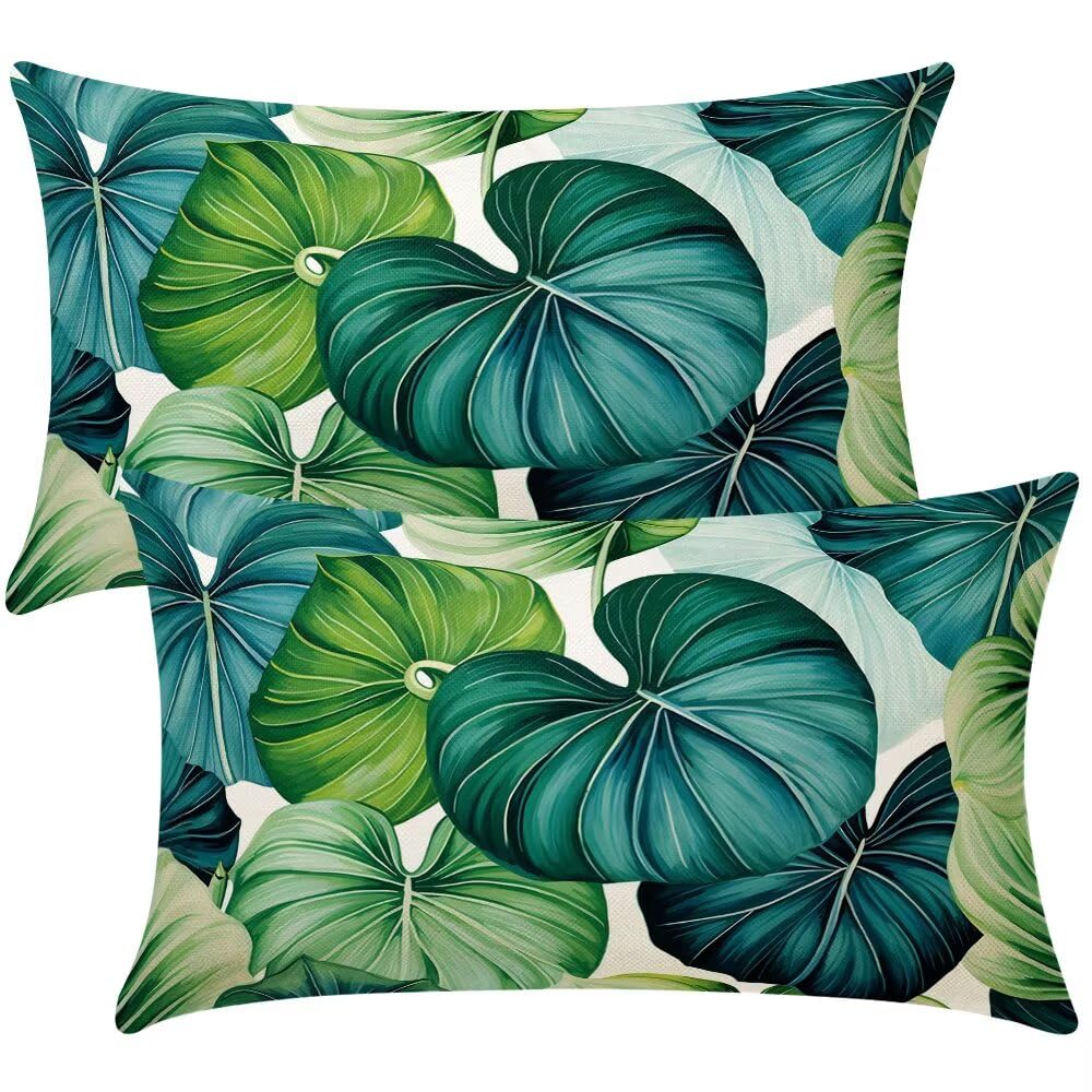 Cushion Covers 20cm x 30cm Plants Cushion Cover 8 x 12 Inches Pack of 2 Throw Pillow Covers Monstera Leaf Sofa Cushions Polyester Linen Pillowcases for Couch Living Room Bedroom Home Decor -SC491