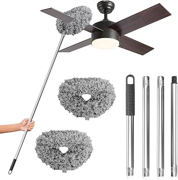 DRQ Ceiling Fan Cleaner Duster with 13-48 in Extension Pole, Grey, 2 Pack | Detachable, Washable Microfiber Brush Head Is Reusable for Ceiling Fan Blades, Walls, Bookshelves, Door Tops and Window Tops
