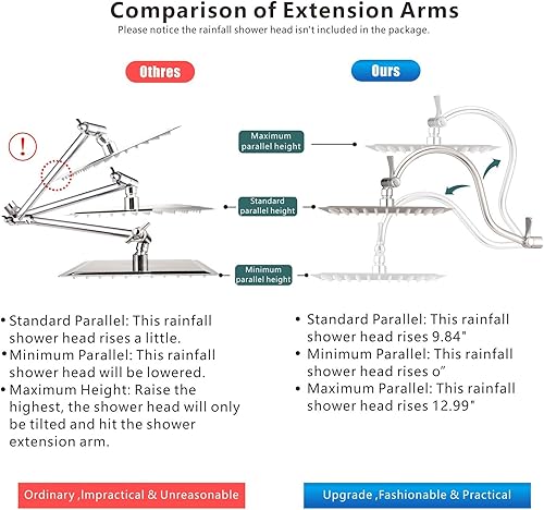 Miniatura 5 de Voolan Brazo de extensión de cabezal de ducha de metal, brazo de ducha ajustable de latón macizo curvado de 14 pulgadas, tubo de conexión universal,