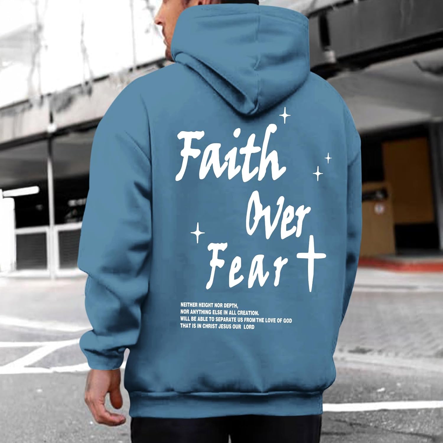 Christian Faith Over Fear Hoodie for Men Inspirational Religious Jesus Sweatshirt Vintage Bible Verse Graphic Pullover - Image 3
