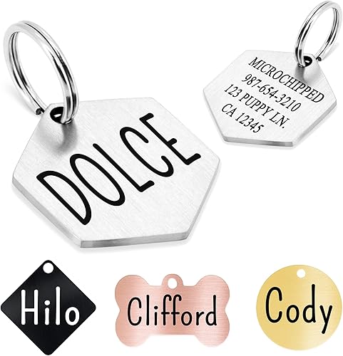 Ultra Joys Etiquetas para perro personalizadas, etiquetas personalizadas grabadas en la parte delantera y trasera, acero inoxidable, hexagonal,