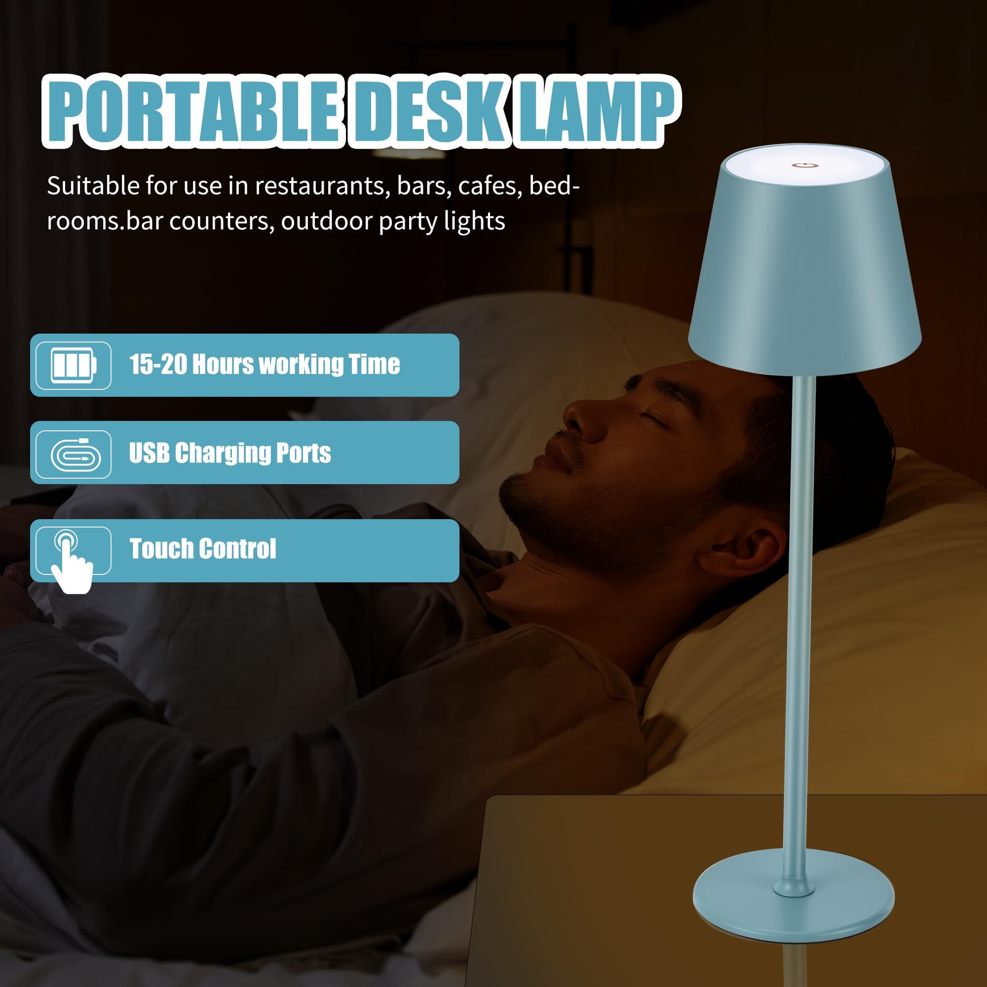 2 pezzi LED dimmerabile lampada da tavolo senza fili, ricaricabile, luce calda 3000 K, lampada da tavolo per interni ed esterni, con USB-C, alluminio, IP54, impermeabile, nero