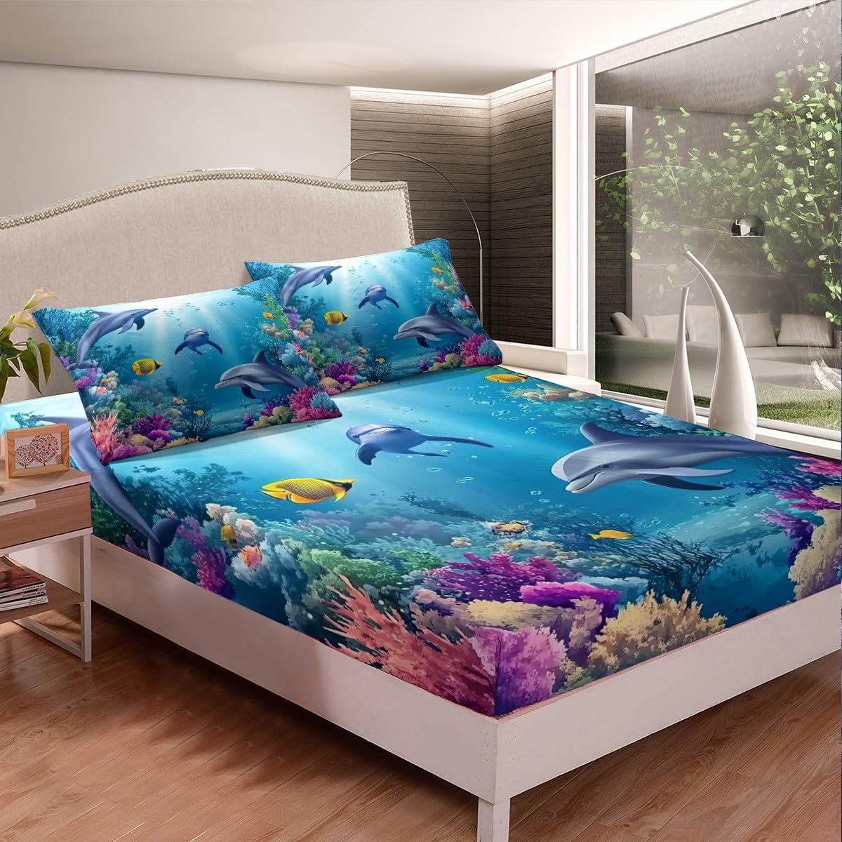Erosebridal Dolphin Fitted Sheet Full Size,3D Fish Bedding Sets Colorful Coral Reef Bed Sheets Nautical Sea Animal Aquarium Bedding Decor Set Underwater World Marine Life Bedroom Decor