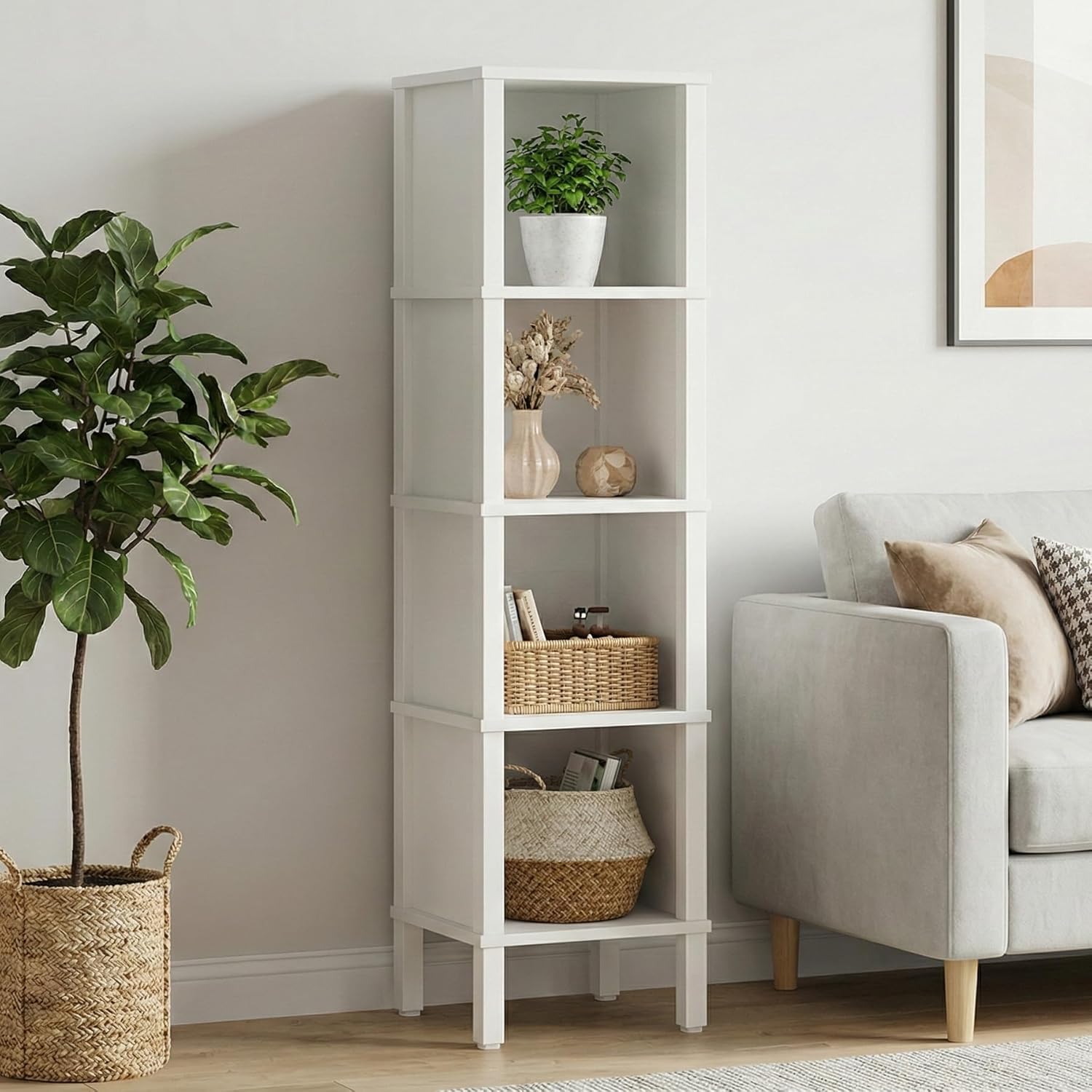 4-Tier Narrow Bookshelf for Small Spaces, Modern 4 Cube Bookcase, 14.2 x 11.2 x 52 Inches, Skinny Storage Shelving Unit, Open Display Rack for Bedroom, Living Room, Home Office,Corner (White)