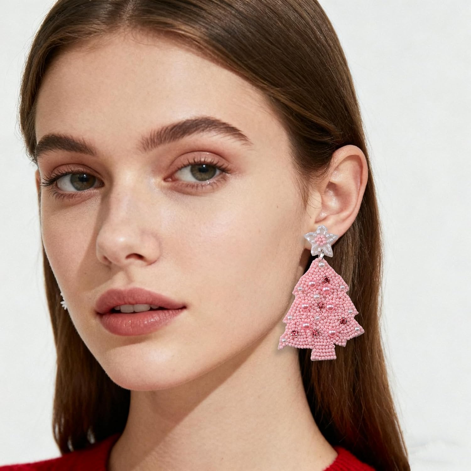 Beaded Christmas Tree Earrings for Women, Handmade Beaded Xmas Dangle Earrings, Lightweight Xmas Tree Earrings for Christmas Holiday Jewelry Gifts - Image 3