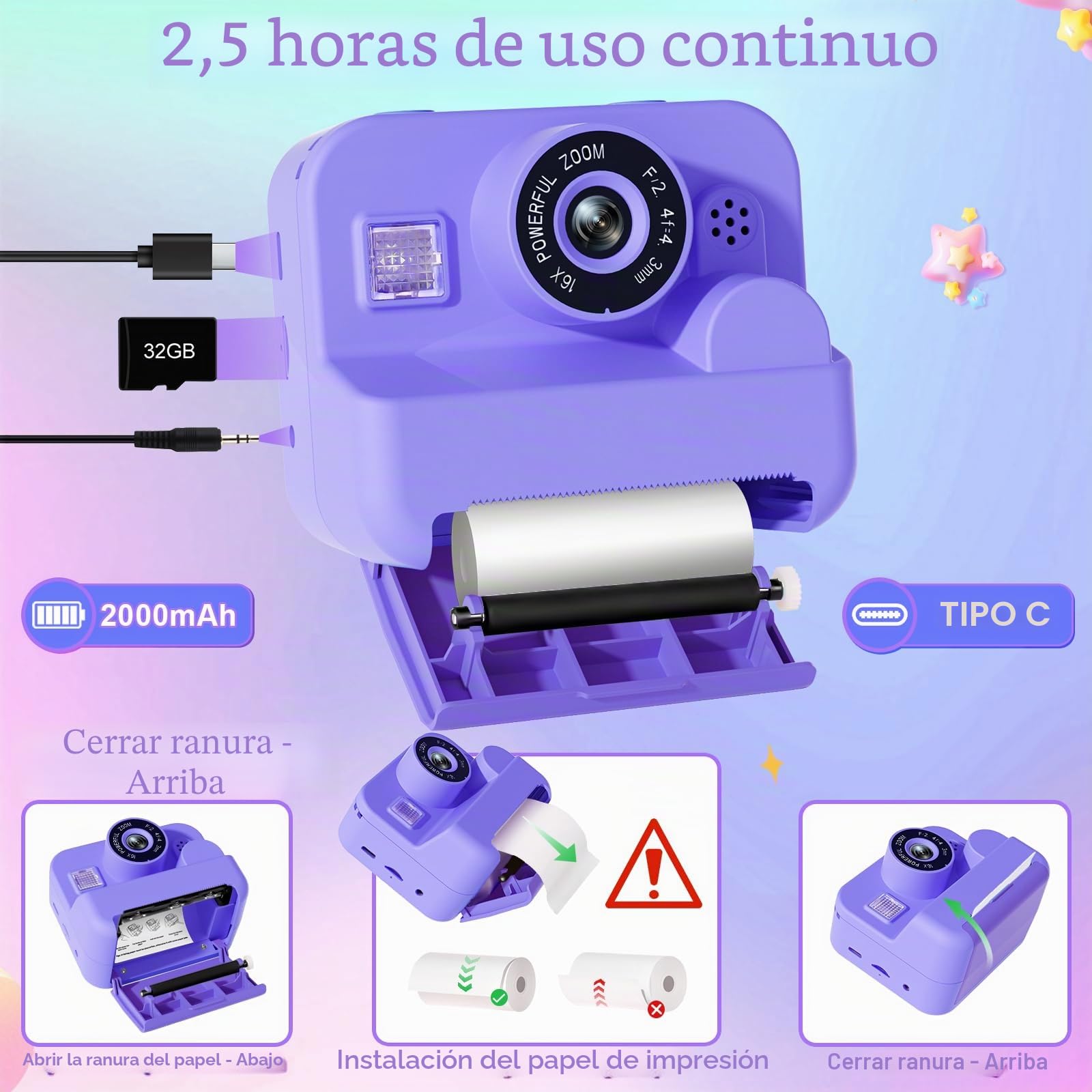 GKTZ Cámara de Fotos Instantáneas - Doble Cámara Fotos Infantil con Papel de Impresión y Tarjeta SD de 32G, Regalo para Niños de 3 a 14 años (Morado)