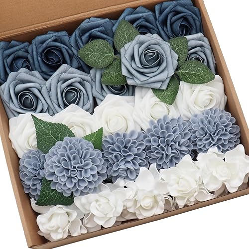 Miniatura 7 de Combo de flores artificiales, rosas polvorientas mezcladas con tallo para ramos de boda, centros de mesa, baby shower, fiesta, decoración del hogar