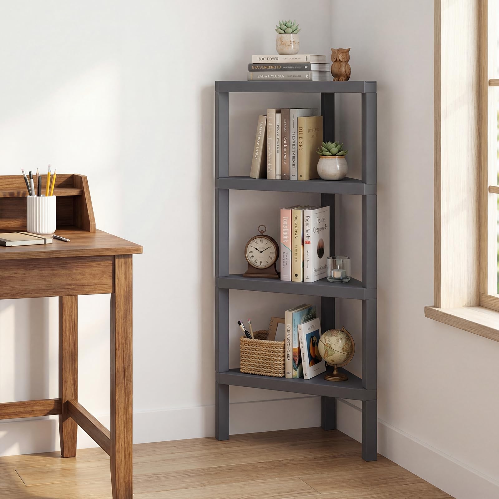 COSTWAY Étagère d'angle, Bibliothèque d'angle à 4 Niveaux avec Étagères Ouvertes à Lattes, Meuble de Rangement Moderne pour Bureau, Salon, Cuisine, Salle de Bain (Gris)