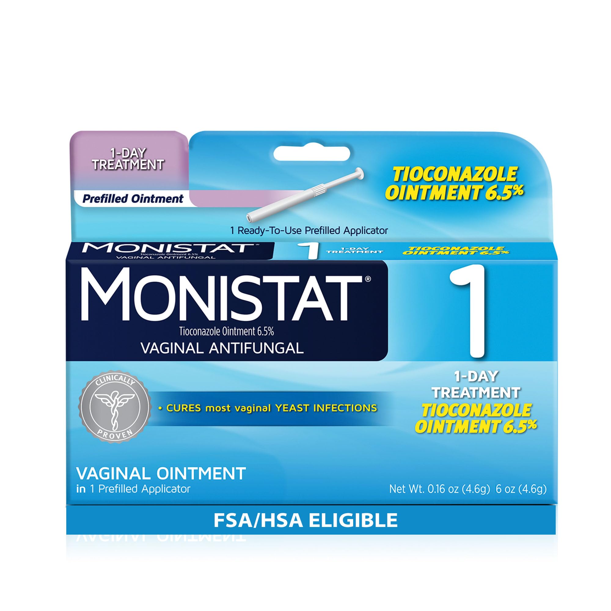 Monistat 1-Day Yeast Infection Treatment for Women, 1 Pre-Filled Tioconazole Cream Applicator, Fast-Acting Relief for Vaginal Itching