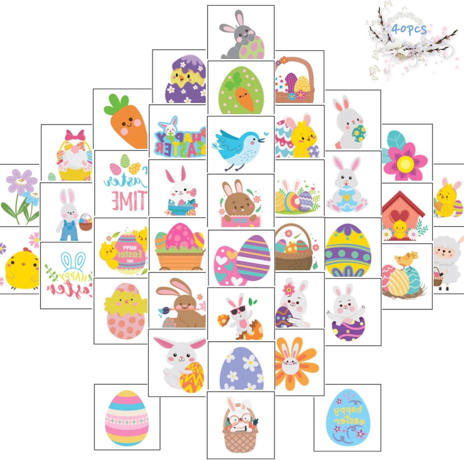 40 Sheet Easter Waterproof Temporary Tattoo Stickers for Boys And Girls - Vibrant Egg, Bunny & Chick Patterns, Skin-Friendly Festive Holiday Body Decals, Spring Party Parade Celebration Accessories