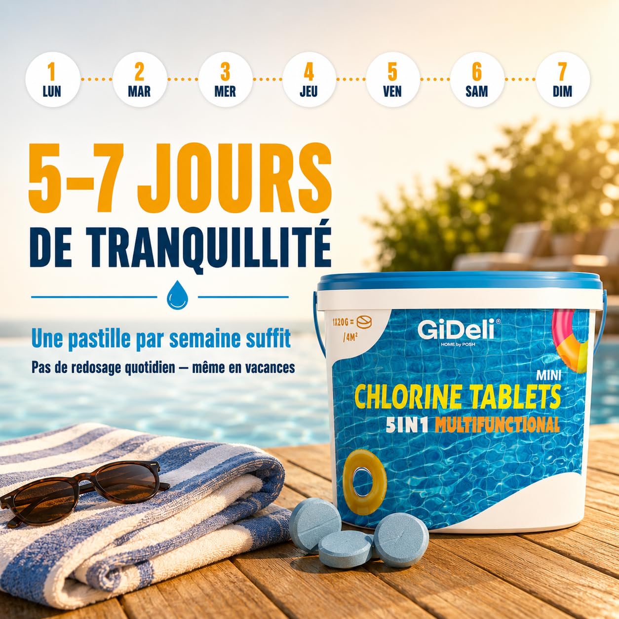 GiDeli Mini Galets de Chlore Piscine Multifonction 10kg - Tablettes Longue Durée 4-en-1 - Anti-Algues, Stabilisé UV, Floculation - Petites Piscines Hors-Sol, Tubulaires et Gonflables