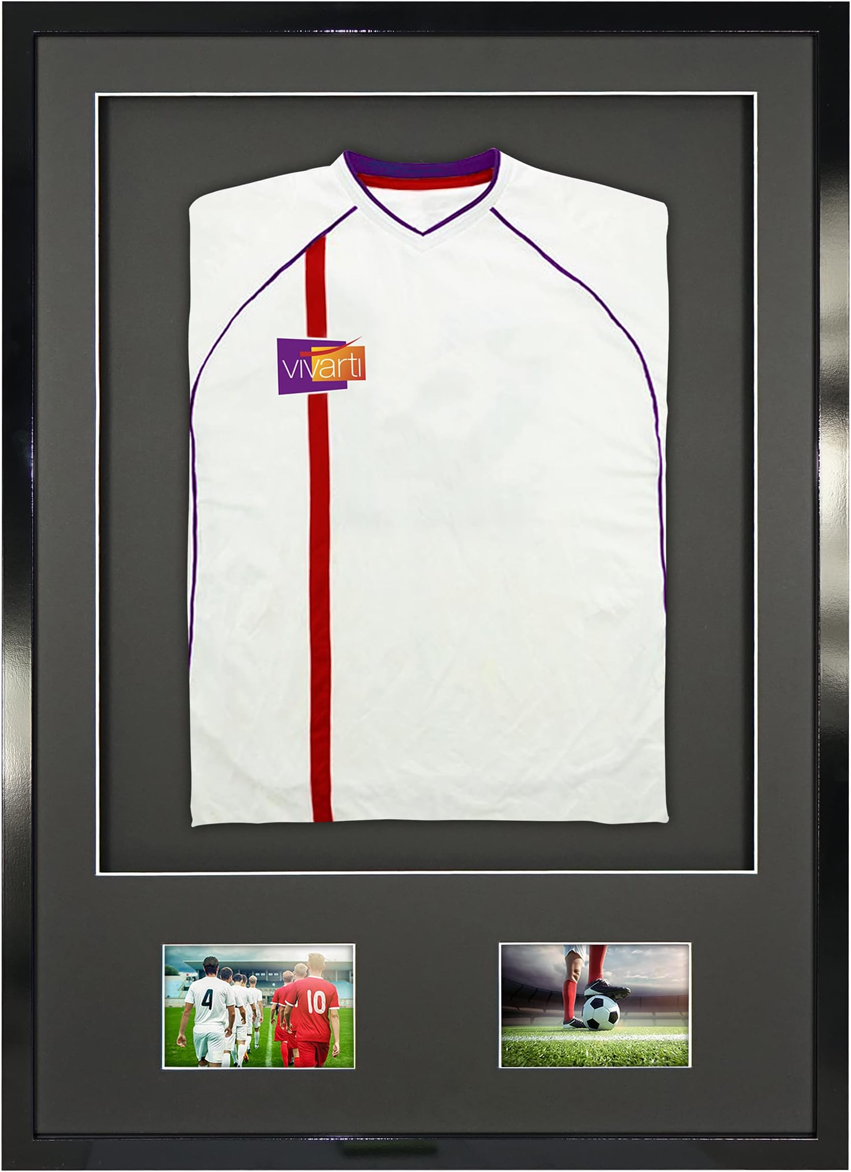 VivartiDIY Junior 3D Mounted + Double Aperture Sports Shirt Display Frame for Football Shirt, Rugby Shirt, Band Shirt Shadow Box - A1 59.4 x 84cm - Gloss Black Frame, Black Mount, Black Backing Card