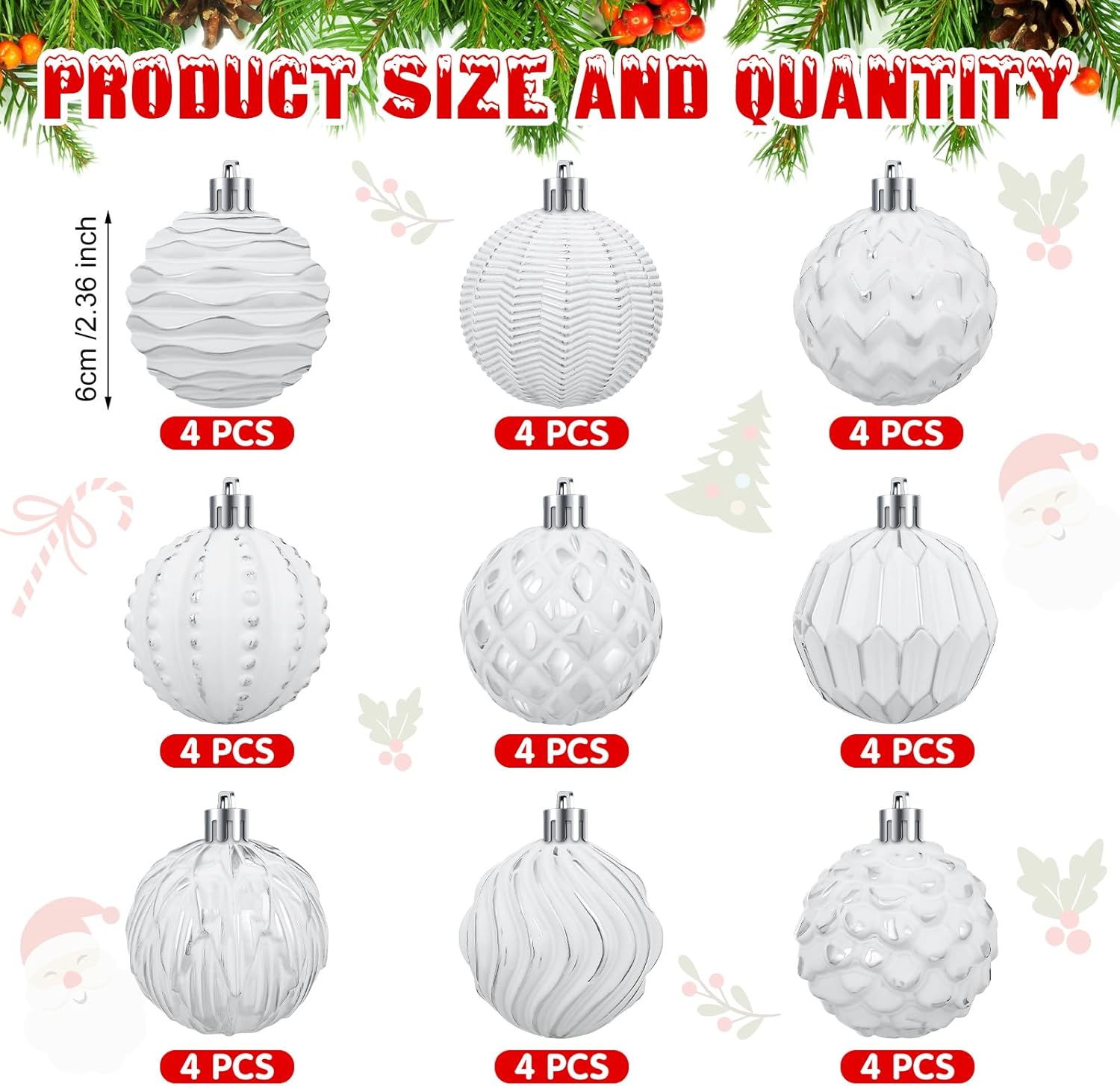 Liliful 36 Pcs Farmhouse Ball Ornaments Set Distressed Christmas Tree Ornaments Vintage Christmas Balls for Retro Holiday Party Decor (White-Silver)