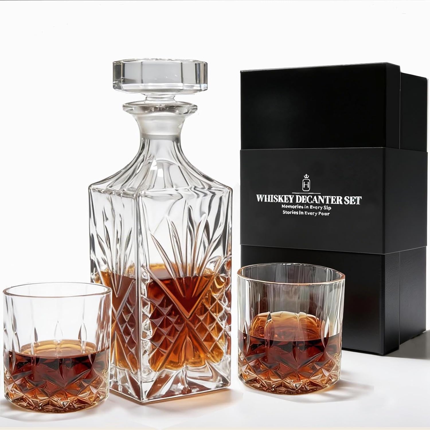 Whiskey Decanter Set for Men, 750ml Lead-Free with 2 x 10oz Old Fashioned Glasses, Birthday Gift for Dad Husband Boyfriend, Housewarming Present for Bourbon Lovers, Home Bar Accessories