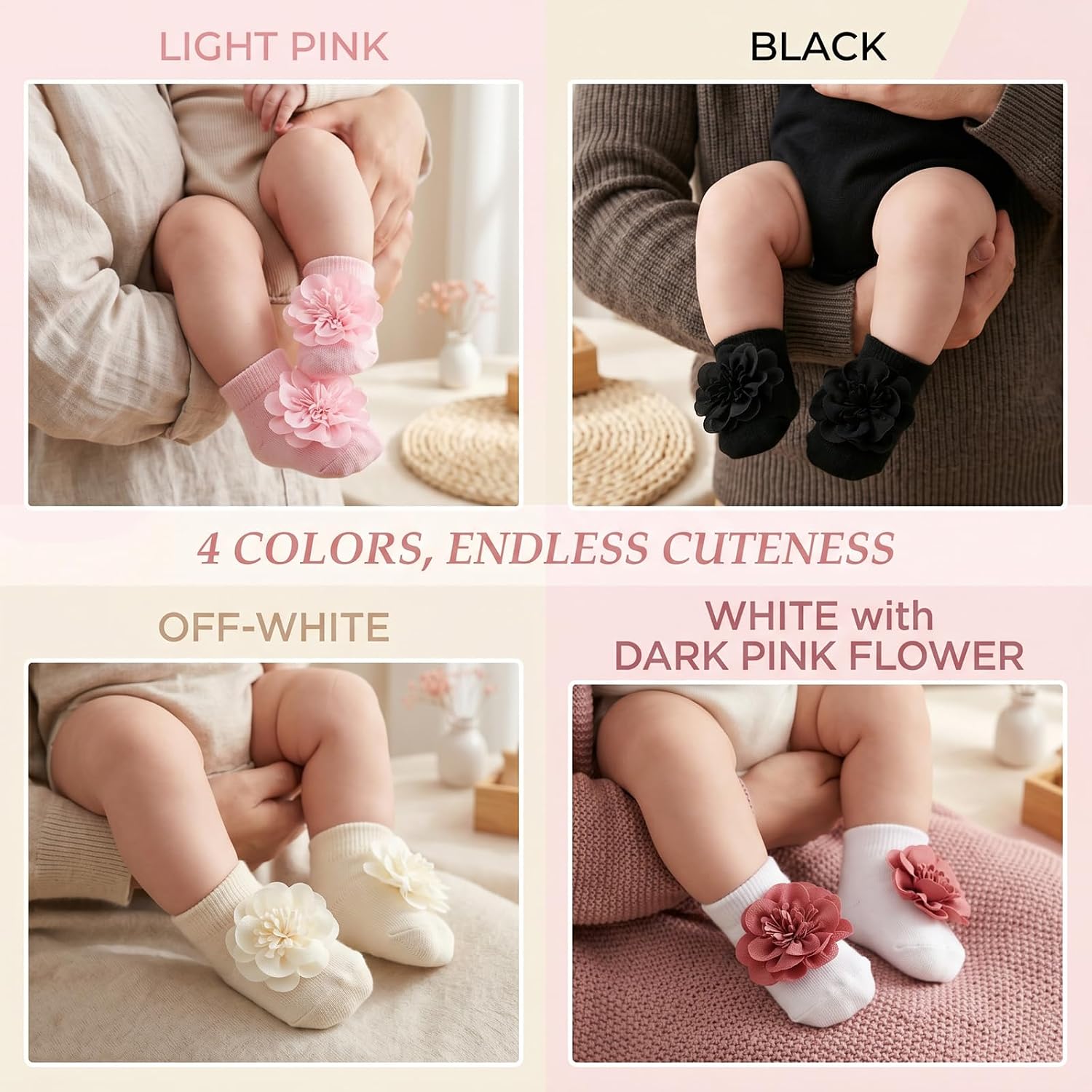 4 Pairs Baby Girl Non-Slip Flower Grip Socks, Soft Cotton Breathable Ankle Socks for Newborn Toddler Princess Cotton Breathable Ankle Socks for Newborn