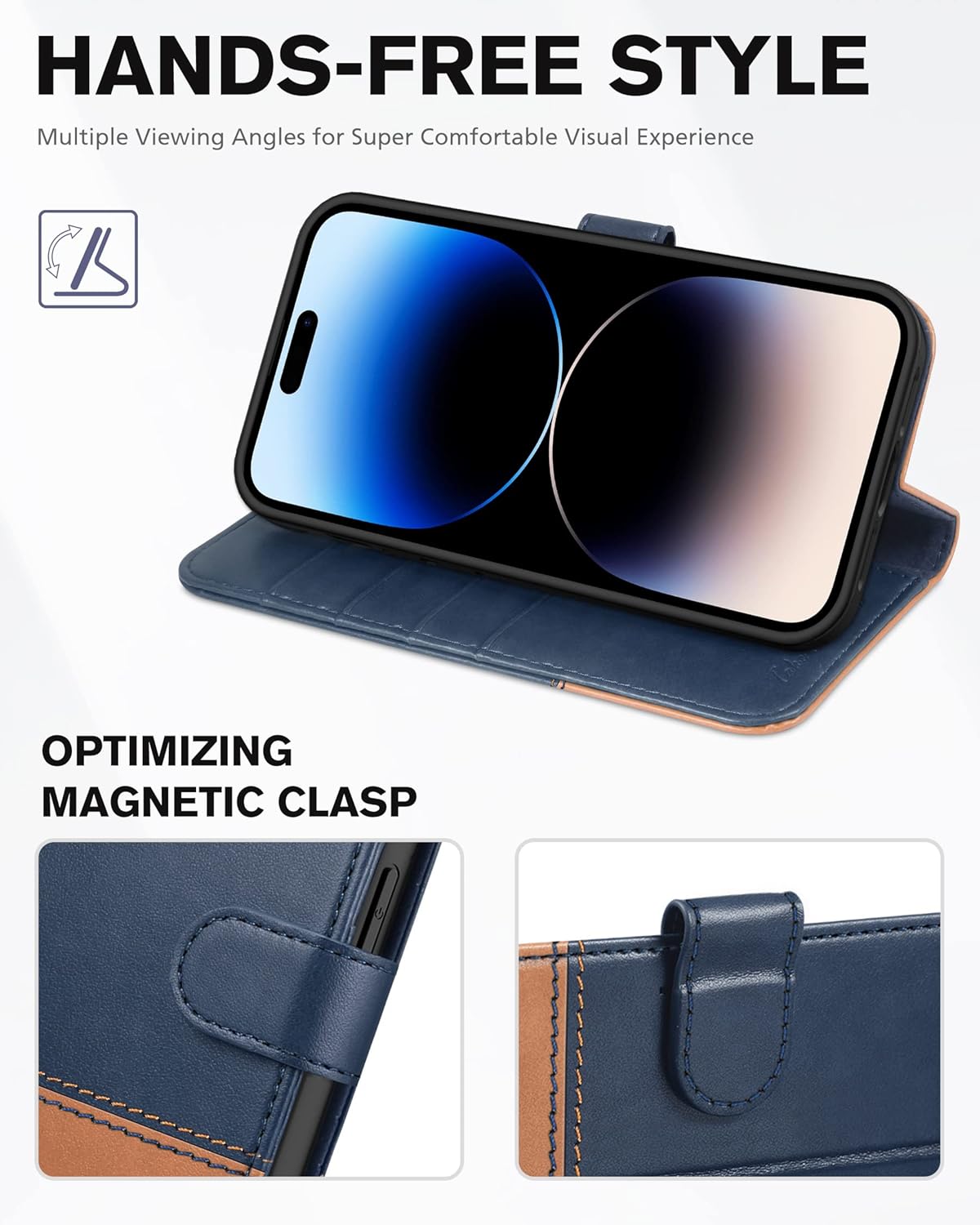 TUCCH Compatible with iPhone 14 Pro Wallet Case, Protective [TPU Shockproof Inner Shell], PU Leather [RFID Blocking] [4 Card Holder] Magnetic Stand Cover for iPhone 14 Pro 6.1", Brown & Dark Blue - Image 4