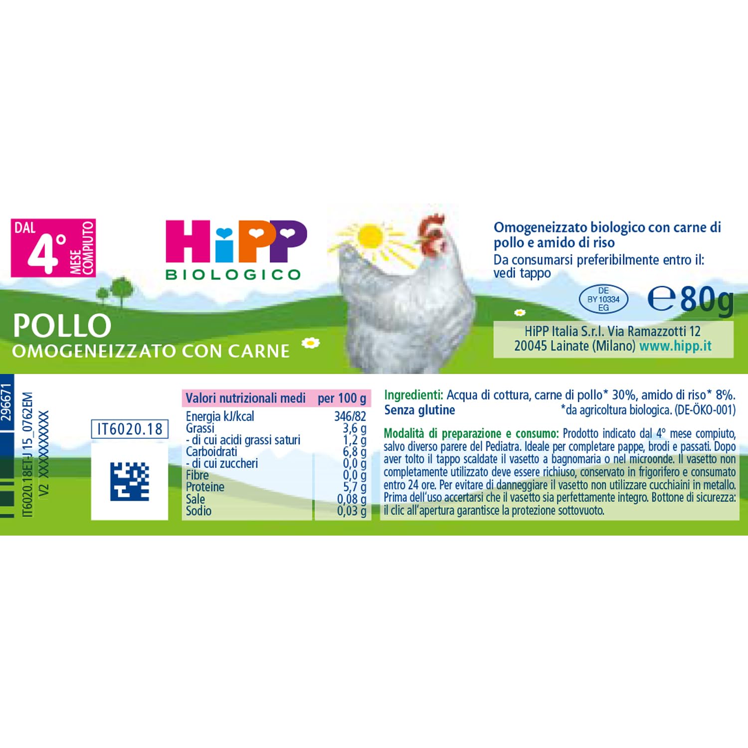 HiPP - Omogeneizzato di Carne Biologico per Neonati, Gusto Pollo, Senza glutine, Senza Sali e Aromi Aggiunti, Carne Bio, 24 Vasetti da 80 g