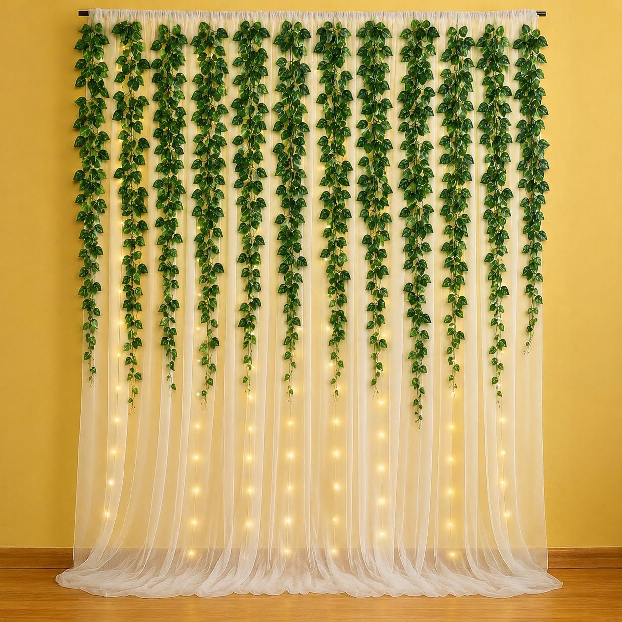 Ganpati Decoration Setup for Home, Decoration Backdrop with White Net Curtains, Artificial Leaves Creeper Vine Money Plant Leaf Garlands and Light Decorations Items, Ganesh Chaturthi - 18 Pcs-image-14