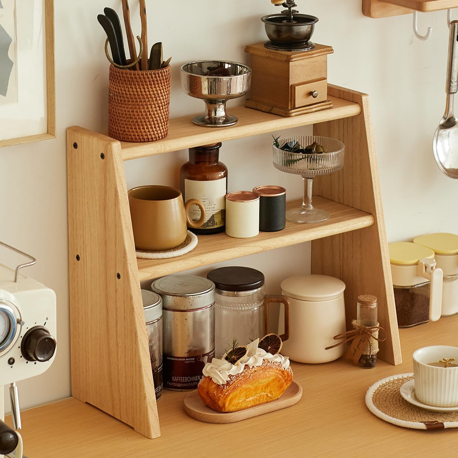 KIRIGEN Wood 3 Tier Ladder Shelf Desktop Organizer Storage Mulfunctional Tabletop Display Rack Counertop Shelf for Home Kitchen Office Bedroom DGNJ-NA