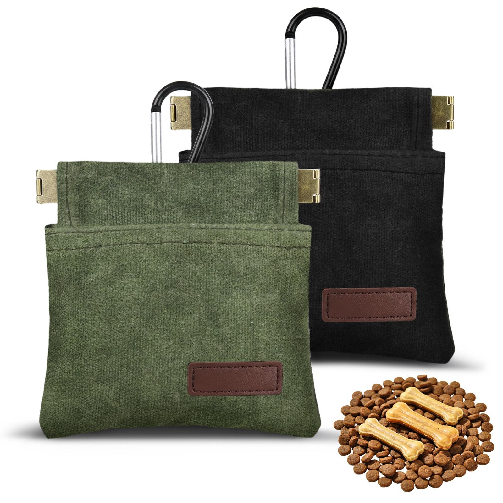 Leckerlibeutel für Hunde, freihändiges Hundetraining, Leckerlibeutel mit Karabiner, tragbare Haustierfutter-Snack-Tasche für Reisen oder den Außenbereich, selbstschließend, 2 Stück