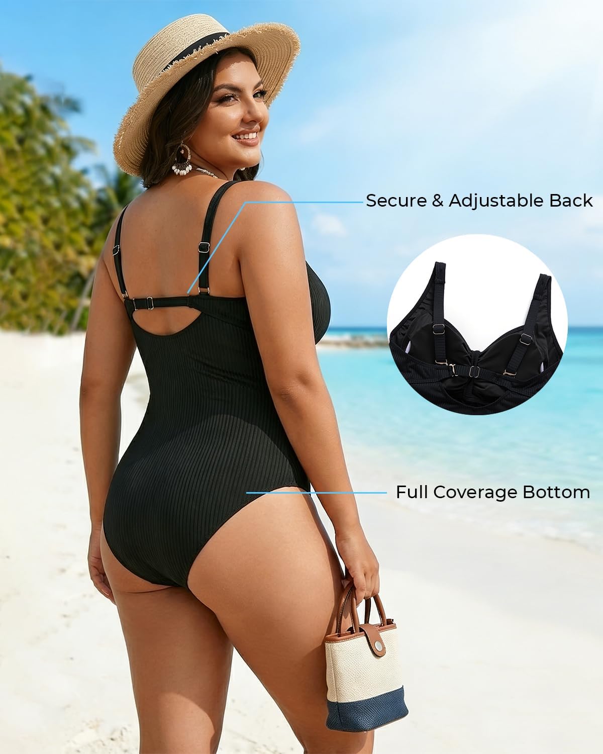 Aqua Eve Plus Size One Piece Swimsuit for Women Tummy Control Bathing Suit Ribbed Swimwear