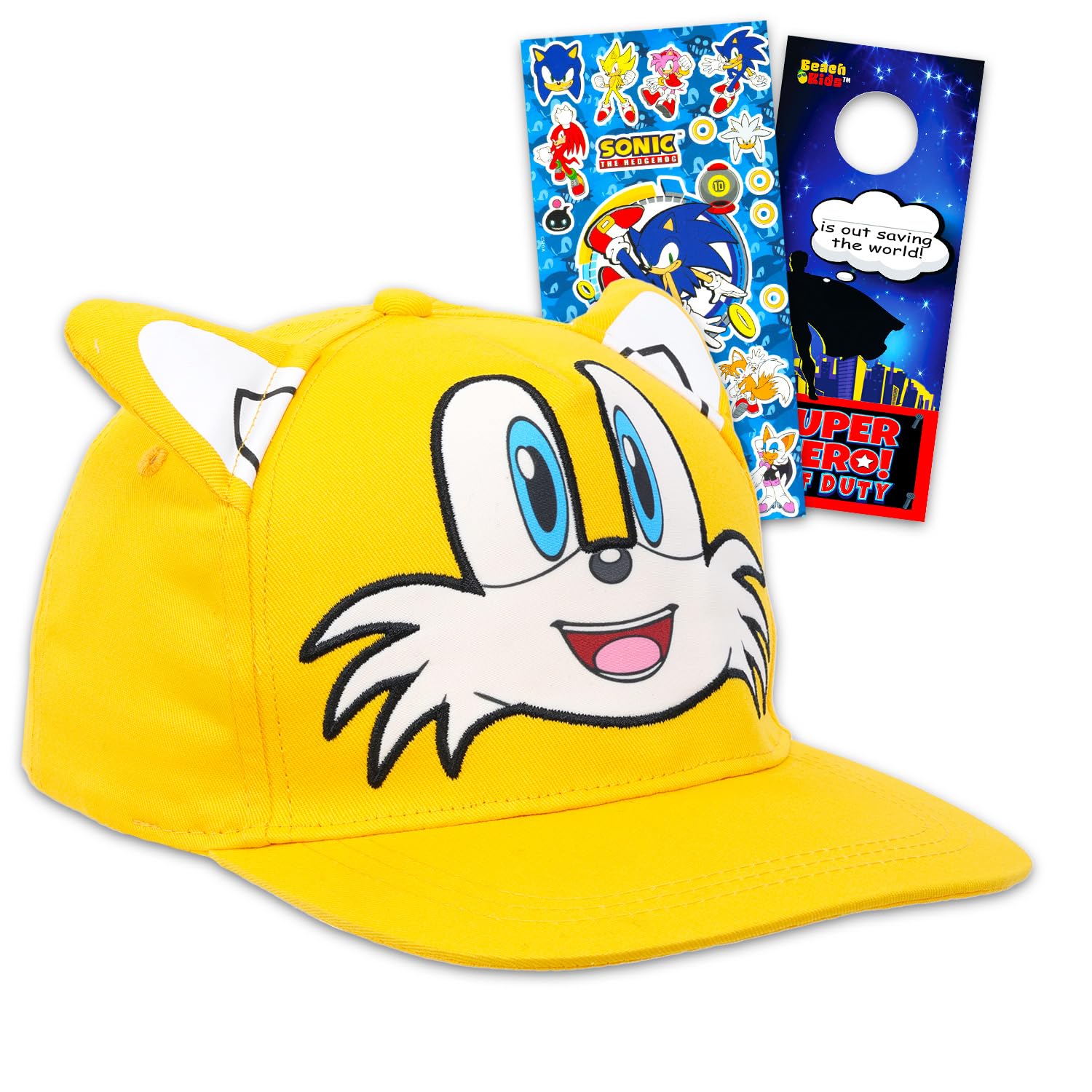 Nintendo Sonic Tails Baseball Cap - Tails Costume Hat Bundle with Miles Tails Baseball Hat from Sonic the Hedgehog for Kids Plus Stickers, Door Hanger | Miles Tails Sonic Accessories for Boys
