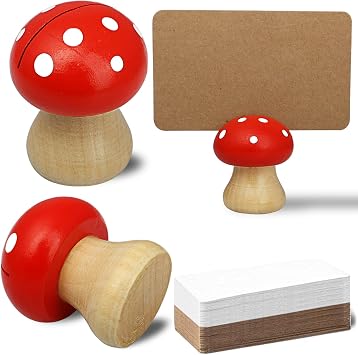 8Pcs Cute Wood Place Card Holders and 40Pcs Kraft Place Cards, MINI Mushroom Table Number Holders, Food Labels for Buffet, Name Card Photo Picture Holders for Harvest Fall Thanksgiving Wedding Party