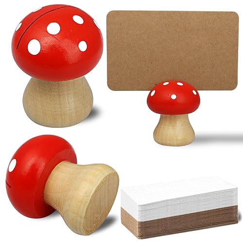 8Pcs Cute Wood Place Card Holders and 40Pcs Kraft Place Cards, MINI Mushroom Table Number Holders, Food Labels for Buffet, Name Card Photo Picture Holders for Harvest Fall Thanksgiving Wedding Party