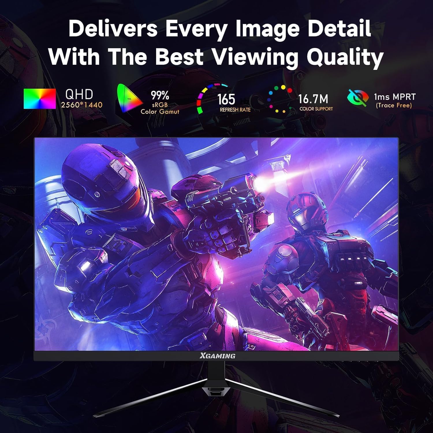 XGaming Monitor Gaming 27 Pollici,165Hz,2k QHD 2560x1440, 99% sRGB,HDR10, 1MS,PC Monitor 144Hz, VA Panel,FreeSync Compatible,Low Blue Light Eye Care,HDMI(2.0),DP(1.4,) VESA