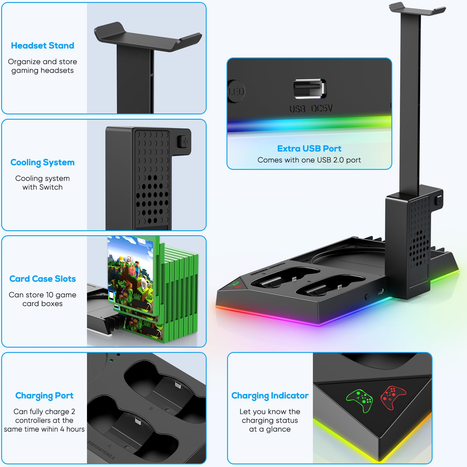 FASTSNAIL Supporto LED RGB per Xbox Series X, controller stazione di ricarica con 2 batterie da 1400 mAh, ventola di raffreddamento e accessori