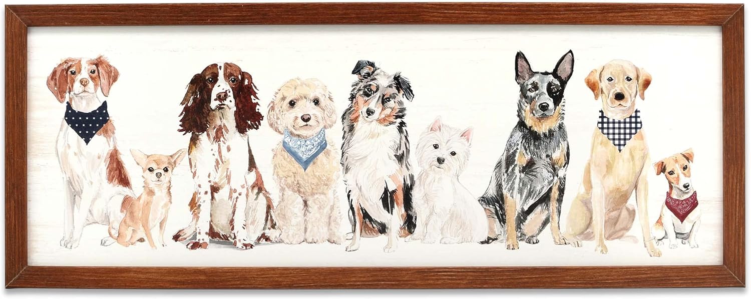 Dogs in a Row Framed Wood Wall Decor - Adorable Dog Wall Art for Living Room, Bedroom or Hallway