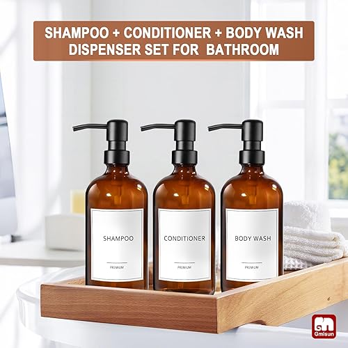 Miniatura 25 de GMISUN Dispensador de jabón de vidrio ámbar, paquete de 2 dispensadores de jabón de manos de baño con bomba de bambú, juego de dispensador de jabón